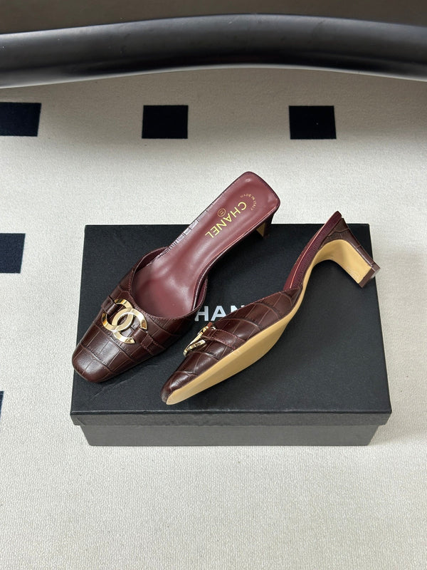 CC 26A Square Toe Mules 6cm Chocolate Patent Embossed Leather 888046