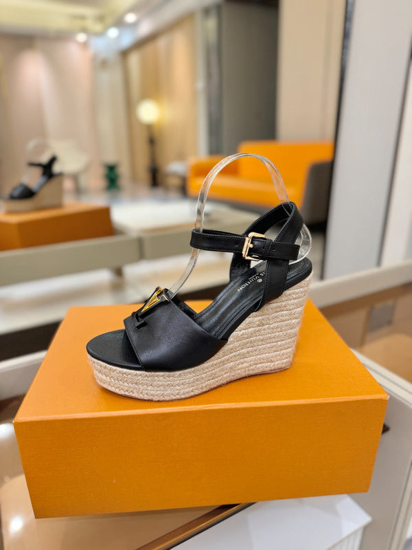LV Platform Espadrille Wedge Sandals Black Cowhide Leather 888650