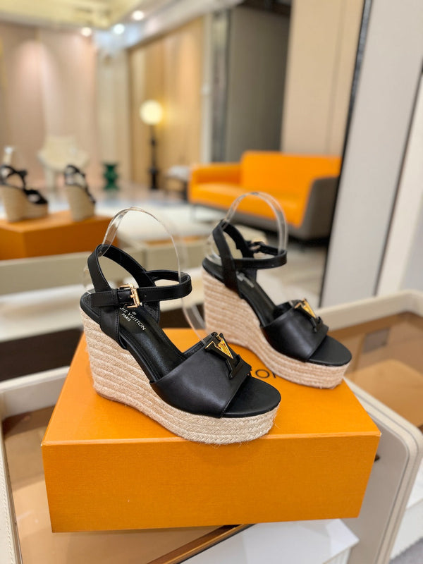 LV Platform Espadrille Wedge Sandals Black Cowhide Leather 888650