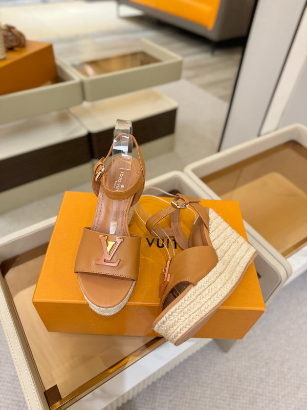 LV Platform Espadrille Wedge Sandals Tan Brown Cowhide Leather 888648