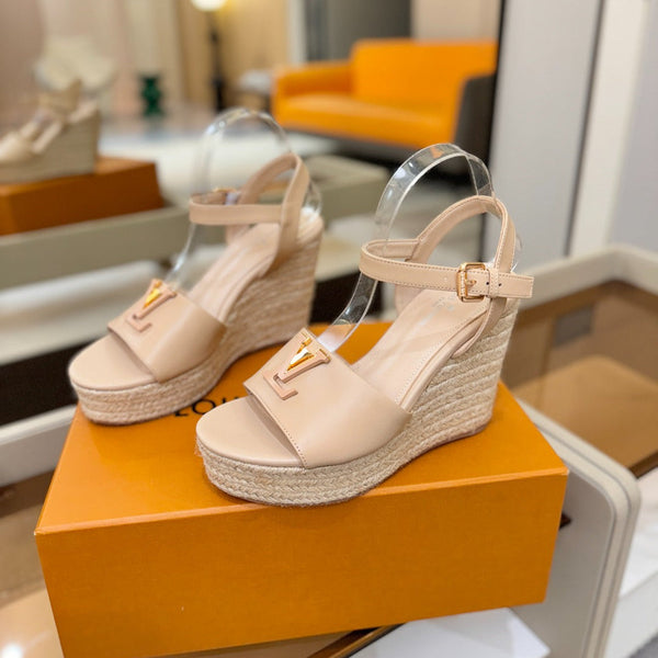 LV Platform Espadrille Wedge Sandals Beige Cowhide Leather 888649
