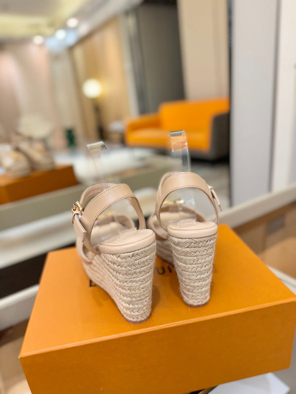 LV Platform Espadrille Wedge Sandals Beige Cowhide Leather 888649