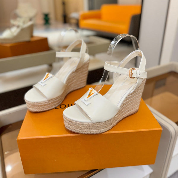 LV Platform Espadrille Wedge Sandals White Cowhide Leather 888647