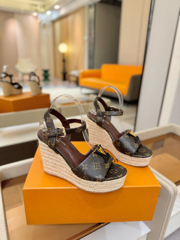 LV Starboard Wedge Sandals Brown Monogram Leather 888646