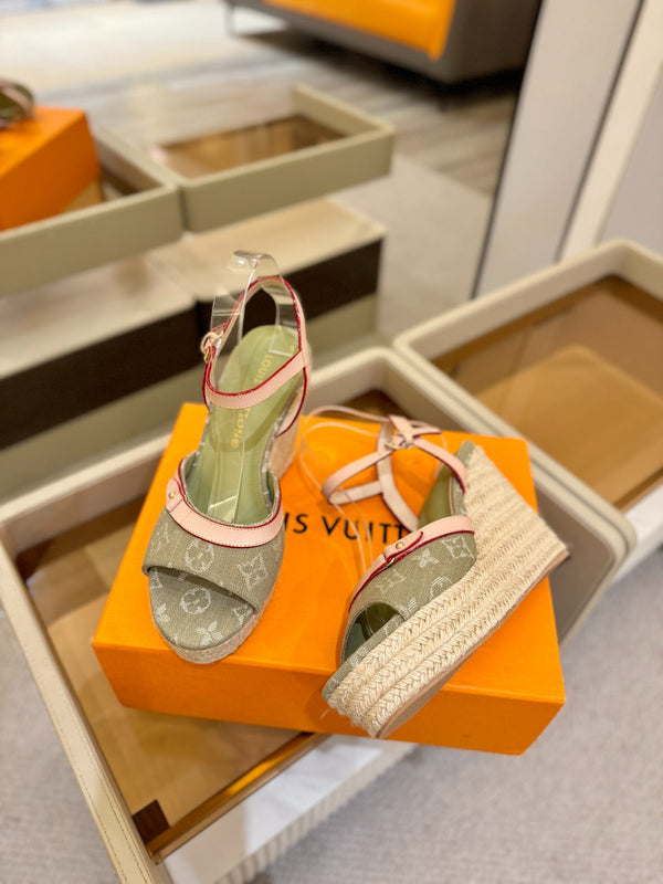 LV Helios Wedge Sandals Olive Green Monogram Denim & Leather 888645
