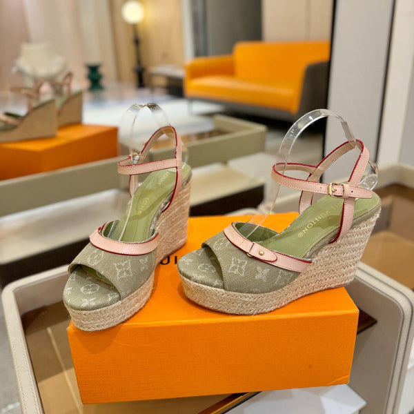 LV Helios Wedge Sandals Olive Green Monogram Denim & Leather 888645