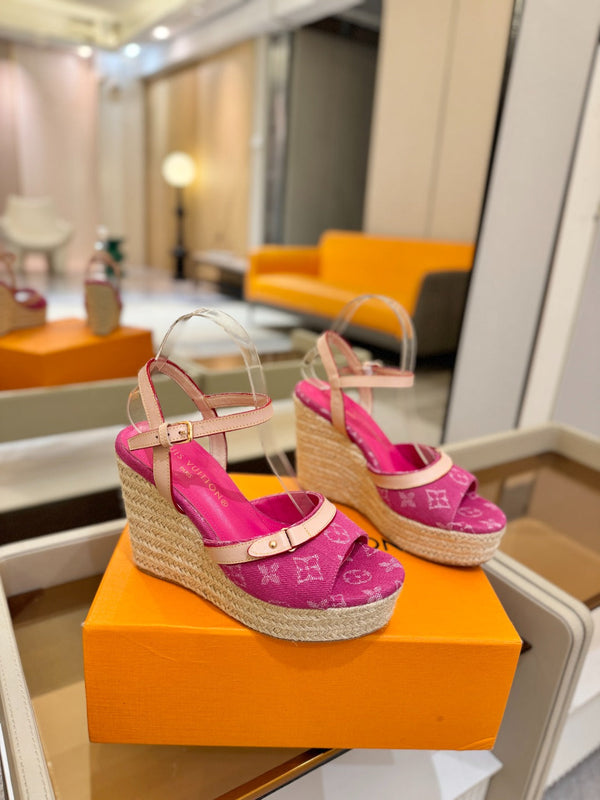 LV Helios Wedge Sandals Pink Monogram Denim & Leather 888643