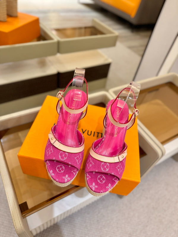 LV Helios Wedge Sandals Pink Monogram Denim & Leather 888643