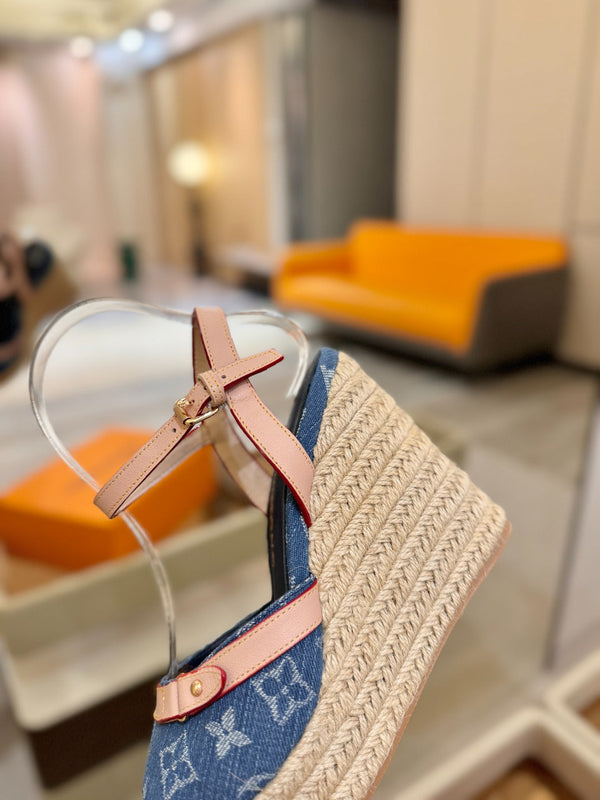 LV Helios Wedge Sandals Blue Monogram Denim & Leather 888642