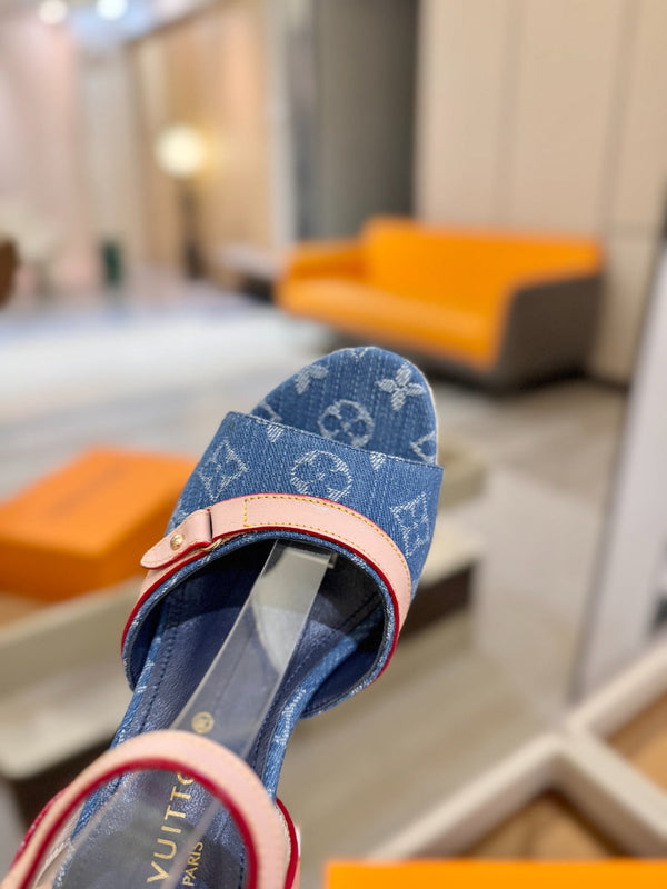 LV Helios Wedge Sandals Blue Monogram Denim & Leather 888642