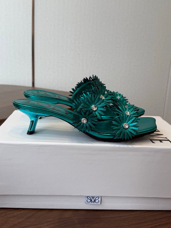 Loew Paula's Ibiza Petal Flower Sandals Metallic Turquoise Leather 889901
