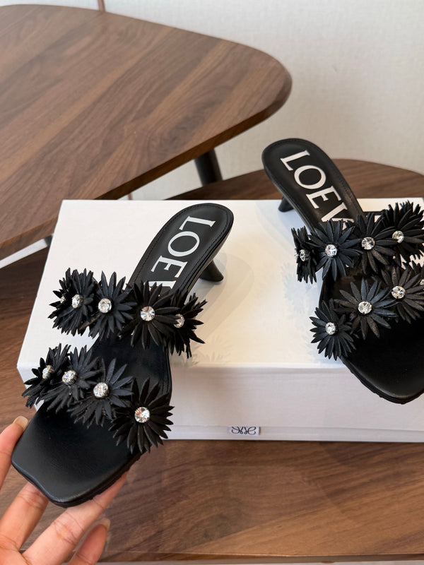 Loew Paula's Ibiza Petal Flower Sandals Black Leather 889899