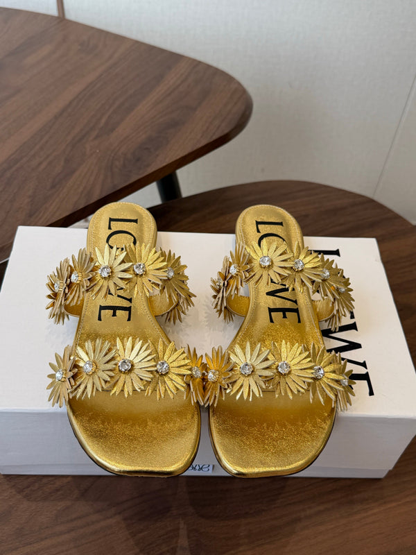 Loew Paula's Ibiza Petal Flower Flat Sandals Gold Leather 889893