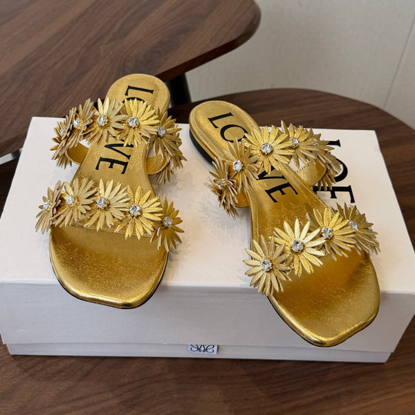 Loew Paula's Ibiza Petal Flower Flat Sandals Gold Leather 889893