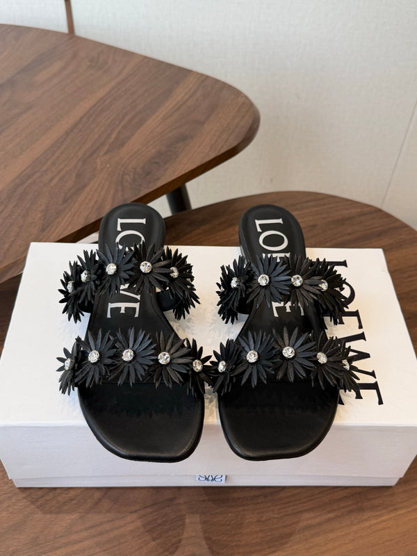 Loew Paula's Ibiza Petal Flower Flat Sandals Black Leather 889891