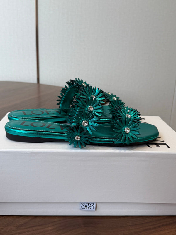 Loew Paula's Ibiza Petal Flower Flat Sandals Turquoise Leather 889890