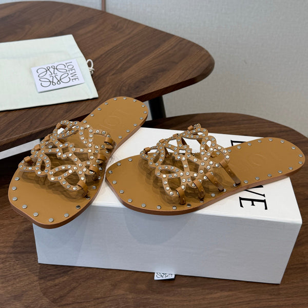Loew Studded Square Toe Flat Slides Camel Leather 889889
