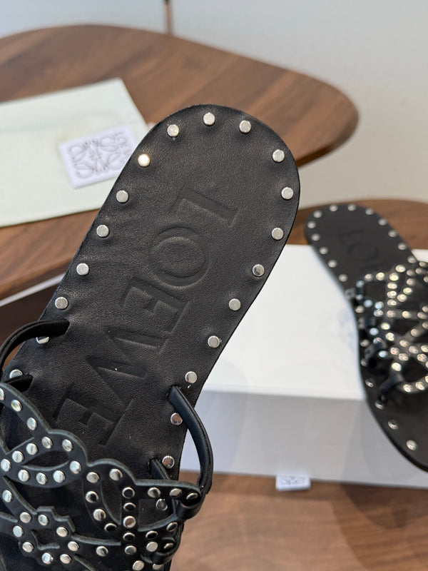Loew Studded Square Toe Flat Slides Black Leather 889888