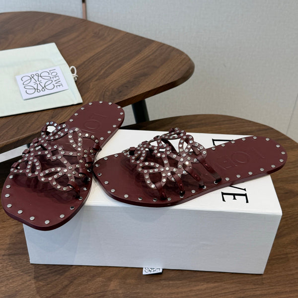 Loew Studded Square Toe Flat Slides Burgundy Leather 889886