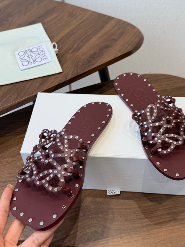 Loew Studded Square Toe Flat Slides Burgundy Leather 889886