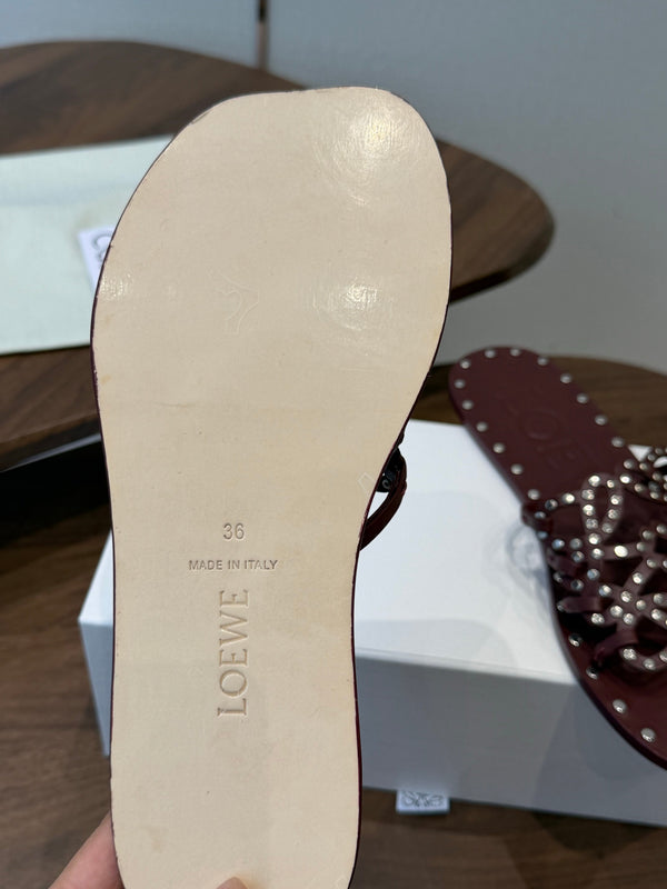 Loew Studded Square Toe Flat Slides Burgundy Leather 889886