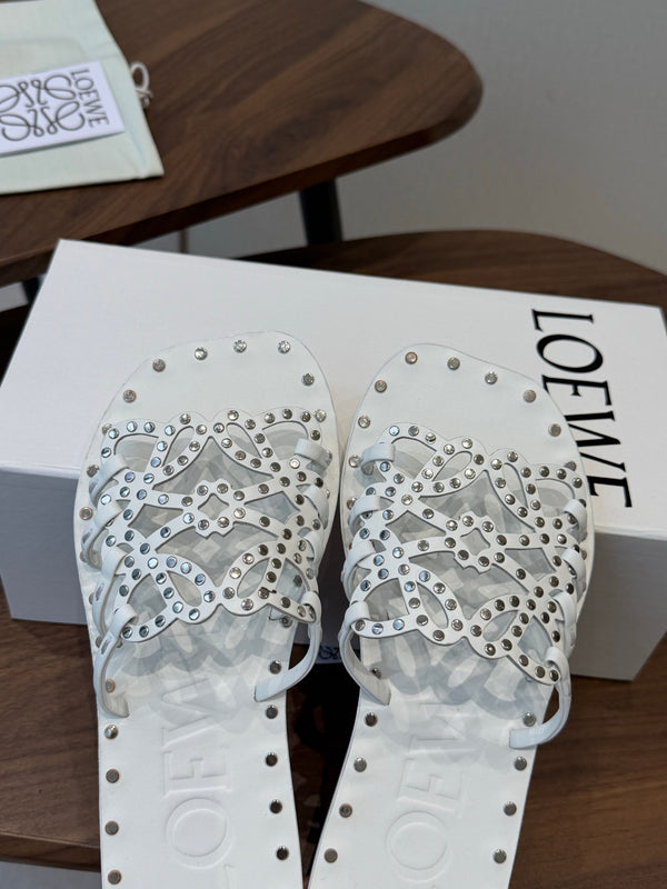 Loew Studded Square Toe Flat Slides White Leather 889887