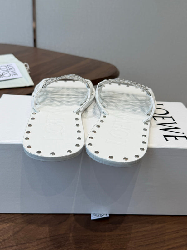 Loew Studded Square Toe Flat Slides White Leather 889887
