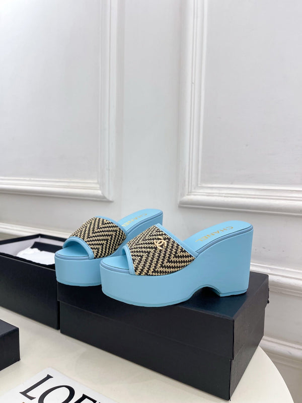 CC Double C Platform Wedge Mules 10cm Blue Tweed 891785
