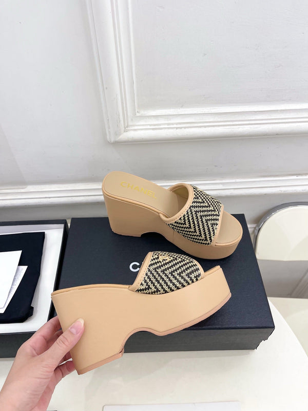 CC Double C Platform Wedge Mules 10cm Beige Tweed 891784