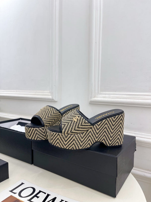 CC Double C Platform Wedge Mules 10cm Black Tweed 891783