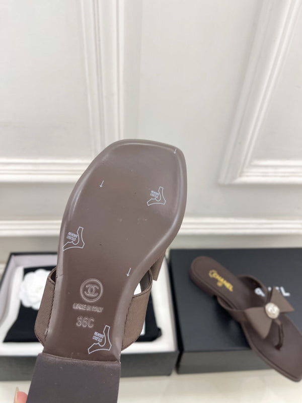 CC Pearl Bow Thong Flat Sandals Brown Satin 891778