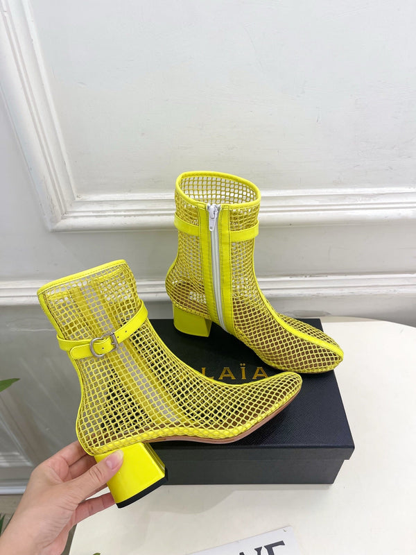 Alaia Boots 5.5cm Fishnet Ankle Boots Yellow Mesh Patent Leather 892044