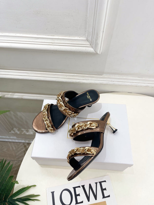 BM Sequin Chain Sandals 5cm Bronze Metallic Leather 892297