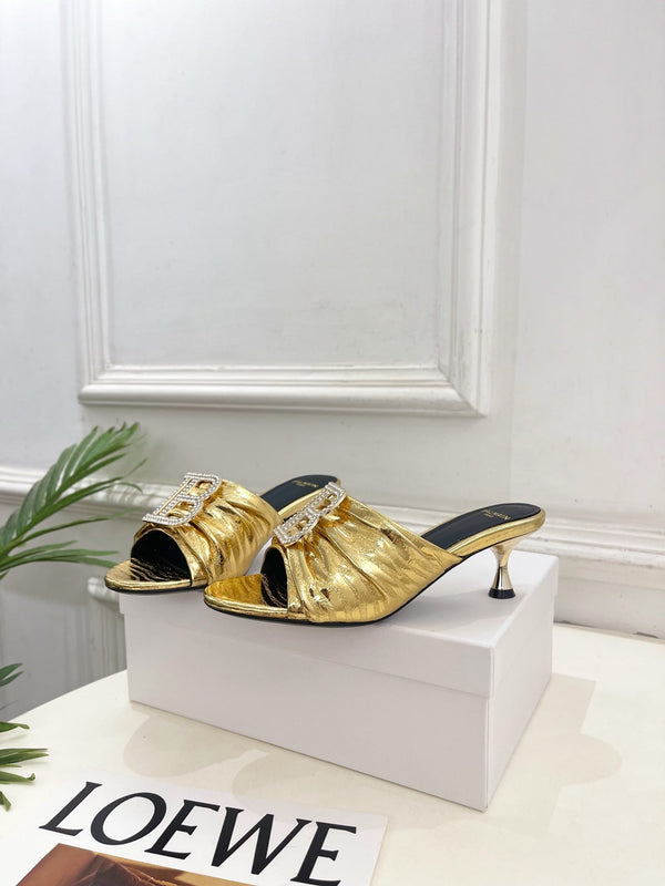 BM Crystal B Buckle Pleated Mules 5cm Gold Metallic Leather 892292