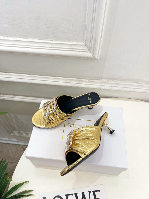 BM Crystal B Buckle Pleated Mules 5cm Gold Metallic Leather 892292