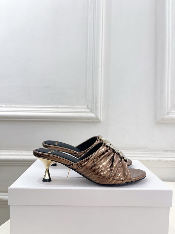 BM Crystal B Buckle Pleated Mules 5cm Bronze Metallic Leather 892291