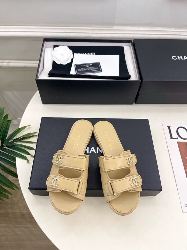 CC Crystal Double C Velcro Flat Mules Beige Lambskin 891667