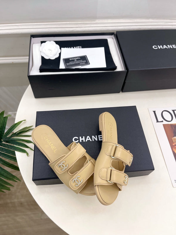 CC Crystal Double C Velcro Flat Mules Beige Lambskin 891667