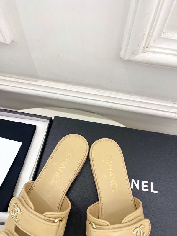 CC Crystal Double C Velcro Flat Mules Beige Lambskin 891667