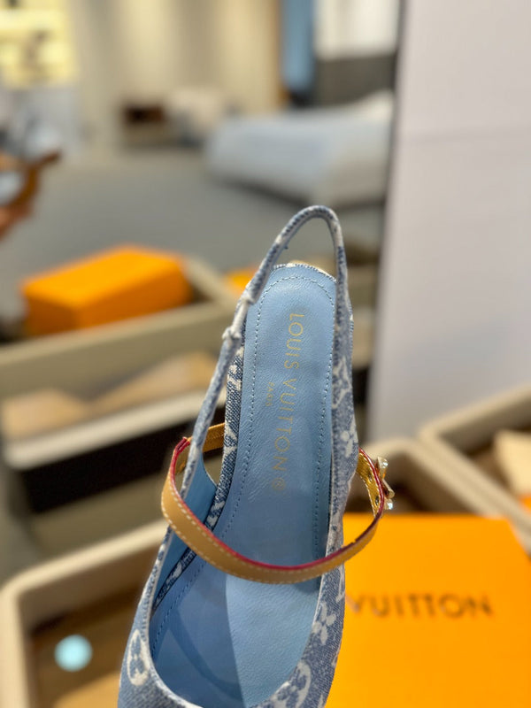 LV Romy Slingback Pumps Blue Monogram Canvas 893589