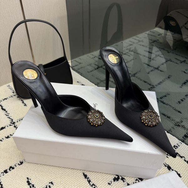 YSL Cosmo Crystal Mules 100mm Black Calfskin Leather 894619