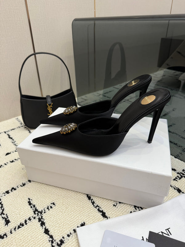 YSL Cosmo Crystal Mules 100mm Black Calfskin Leather 894619