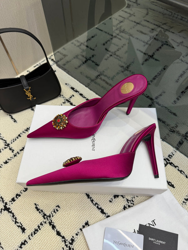YSL Cosmo Crystal Mules 100mm Pink Calfskin Leather 894618