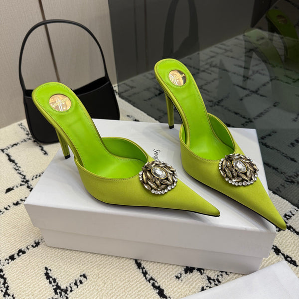 YSL Cosmo Crystal Mules 100mm Olive Green Calfskin Leather 894616