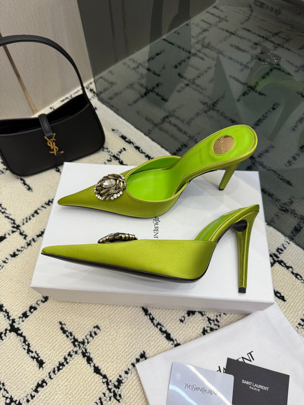 YSL Cosmo Crystal Mules 100mm Olive Green Calfskin Leather 894616