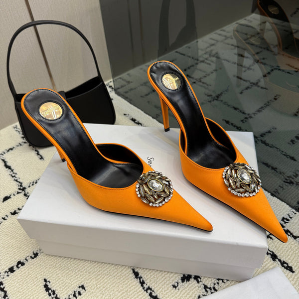 YSL Cosmo Crystal Mules 100mm Orange Calfskin Leather 894613