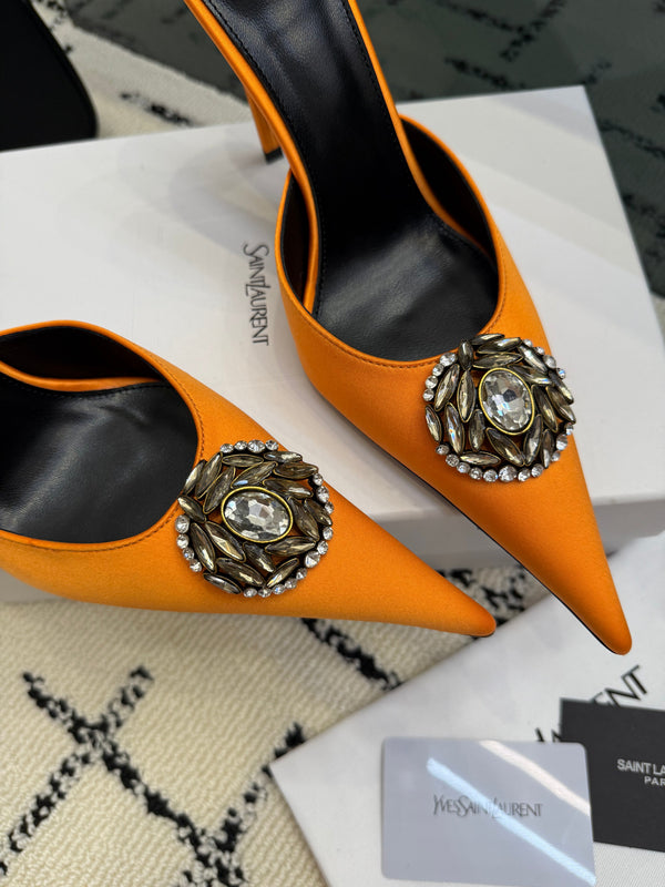 YSL Cosmo Crystal Mules 100mm Orange Calfskin Leather 894613