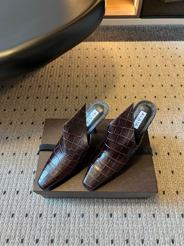 Alaia Croc-Embossed Pointed Toe Mules 10cm Chocolate Cowhide