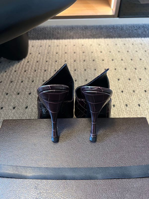 Alaia Croc-Embossed Pointed Toe Mules 10cm Chocolate Cowhide