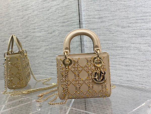 CD Mini Lady Dior Bag 17cm Beige Cowhide Leather Crystal 160004